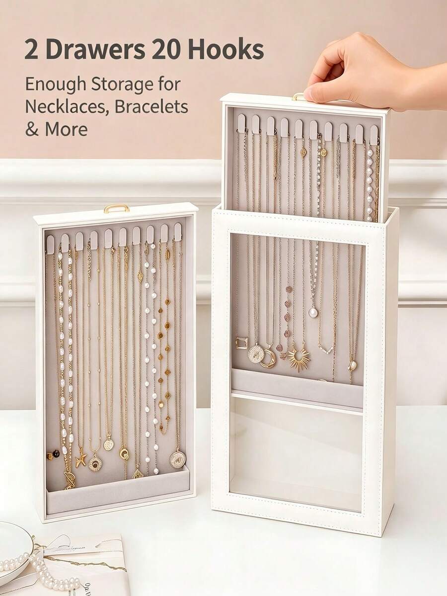 Necklace Storage Box Jewelry Display Box White 2-Layer Anti-Tangle PU Leather Velvet Transparent Window Style Suitable For Necklaces Bracelets Gift For Women Girls Daughters Home Aesthetic Decor - Multicolor - View 1