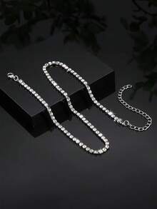 1pc Fashionable Silver-Tone Rhinestone Tennis Chain Necklace, Elegant Diamond Chain Necklace Suitable For Women - Multicolor - View 8