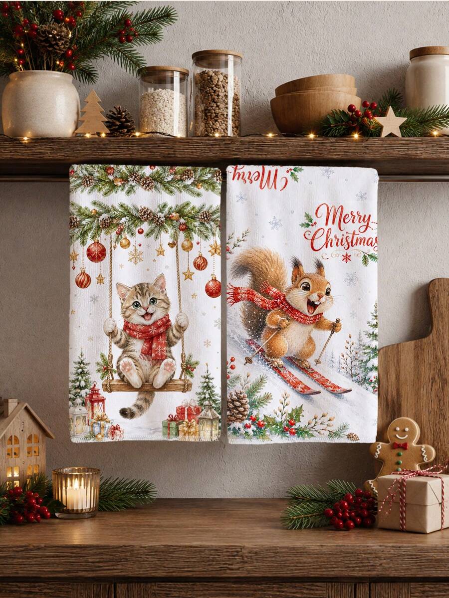 2pcs Christmas Winter Skiing Squirrel & Kitten Pattern Kitchen Towels, Soft Polyester Dish Cloths, Suitable For Kitchen Decor, Kitchen Cleaning, Holiday Party Decoration, Kitchen Bathroom Supplies Home Essentials, Home Decor, Housewarming Gift - Multicolor - View 1