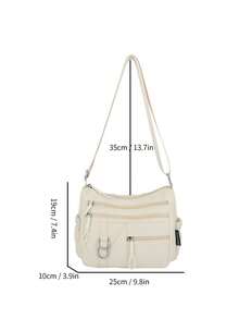 Tas Selempang Wanita Kasual Warna Polos Baru dari Nilon dengan Banyak Lapisan - Tas Serbaguna untuk Komuter dengan Banyak Kantong, Warna Beige - Krem - View 12