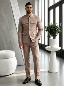 Spring/Autumn Men's Formal Suit Jacket And Pants Set, Casual Fashion Design, Casual Daily Wear, 2 Pieces Suit Set - Camel - View 1