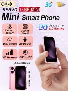 SERVO 18SEmini Smartphone, Android 8.1, 2GB RAM + 16GB ROM, WiFi, 3.0" Display, Dual SIM Dual Standby, 3G WCDMA Compact Pocket Phone - Pink - View 3