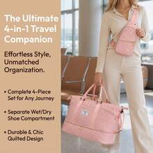 4‑Piece Quilted Travel Bag Set Weekender Duffle With Shoe Compartment Sling Backpack Cosmetic & Mesh Toiletry Pouch - Pink - View 2