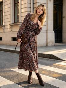 Women Fall Floral Midi Dress, V‑Neck Long Puff Sleeve Ruffle Cuff Smocked Back A‑Line Flowy Autumn Dress - Multicolor - View 10