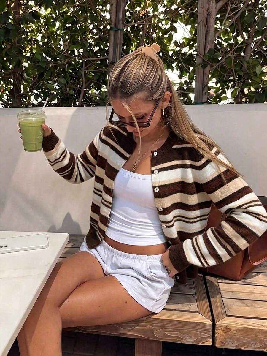 FOR BEAUTY Autumn/Winter New Round Neck Single-Breasted Knit Cardigan For Women, Fashionable, Minimalist, Gentle, Elegant, Casual Slouchy, Suitable For Daily Commute