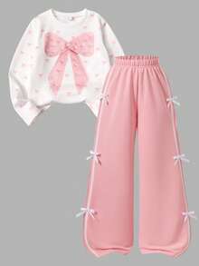 Big Girls Bow Print Sweatshirt With Side Stripe 3D Bow Decor Sweatpants 2-Piece Casual Set - Pink - View 3