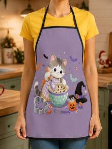 1pc Cute Halloween Cat Theme Printed Apron, Medium Size, Suitable For Baking Kitchen Decor, Halloween Party Tableware Supplies, Autumn Holiday Kitchen Decoration Apron - Multicolor 2 - View 1
