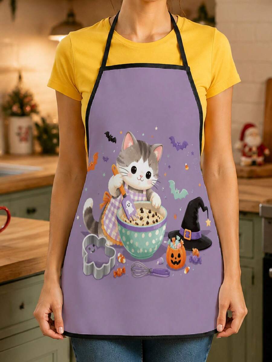 1pc Cute Halloween Cat Theme Printed Apron, Medium Size, Suitable For Baking Kitchen Decor, Halloween Party Tableware Supplies, Autumn Holiday Kitchen Decoration Apron - Multicolor 2 - View 1