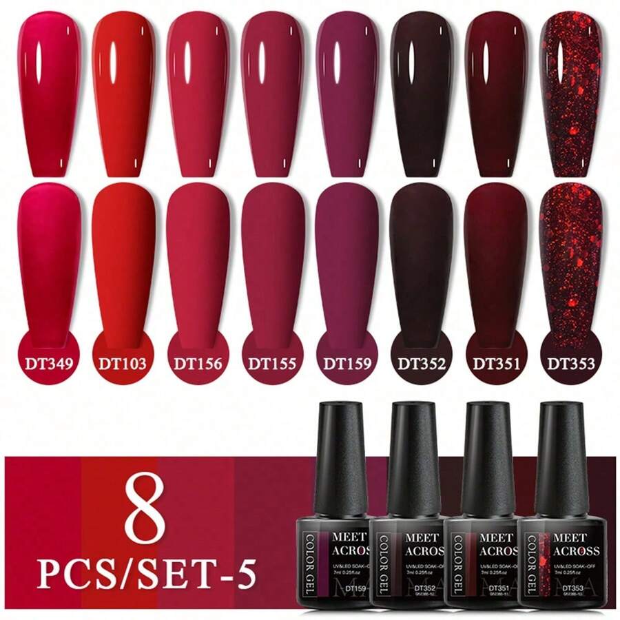 Set de 8 piezas de esmalte de uñas en gel azul, semi-permanente, de remojo, híbrido de/LED, barnices, base, top coat, kit de arte de uñas, manicura de salón, diseño y decoración de uñas en gel para hacer en casa - Burdeos - Ver 1