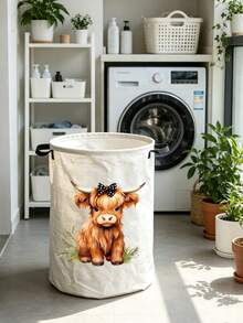 Multifunctional Large Laundry Basket/Dirty Clothes Bin, Laundry Storage Bag, High-End Cow Design Foldable Round Laundry Basket, Portable Laundry Bag, Suitable For Bathroom/Bedroom/Dorm, Housewarming Gift - Multicolor - View 1