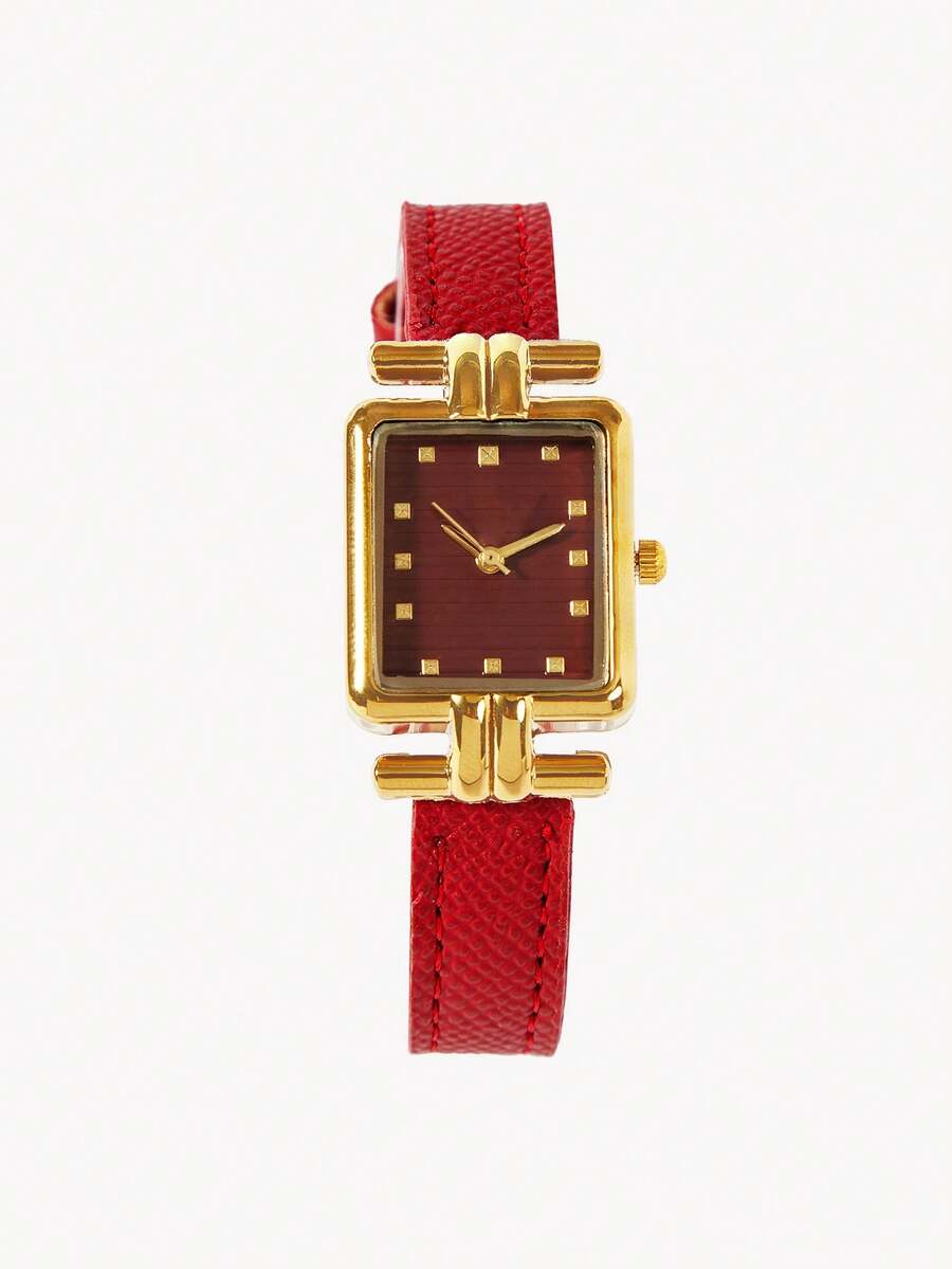 Opalesca 1pc Women's Quartz Watch, Fashionable Minimalist Classic Rectangular Small Dial, Vintage British Style, Niche Luxury Fashion Quartz Watch - Red - View 1