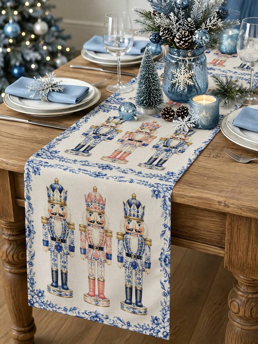 Taplak Meja Natal, Sarung Bantal, Alas Piring, Taplak Meja Motif Prajurit Nutcracker Gaya Porselen Biru Putih, Dekorasi Rumah Liburan Natal, Dekorasi Pesta Ruang Makan Dapur - MultiWarna - View 1