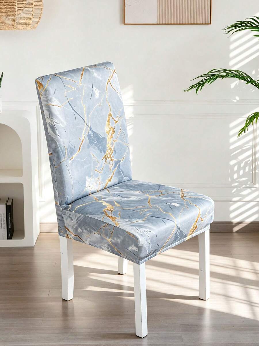 1pc Home Dustproof Elegant Grey Marble Print European Style Minimalist Furniture Decor Chair Cover, Suitable For Living Room, Bedroom, Kitchen, Outdoor - Grey - View 1