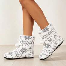 Women's Winter Plush House Slippers, Snowflake Geometric Print Thermal Lined Indoor Slippers With Drawstring And Pom Pom Decor For Bedroom Floor - White - View 4