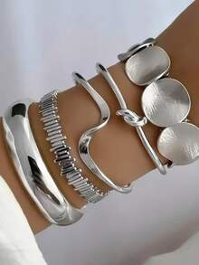 5pcs Fashion Vintage Personalized Casual Women's Stackable Bracelet Set, Minimalist Line Smooth Round Disc Elastic Unique Clasp, Suitable For Daily Casual Wear, Perfect Gift For Friends On Holidays - Silver (5pcs) - View 4