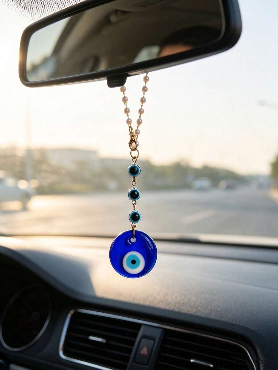 1pc Vintage Evil Eye Car Hanging Ornament, Turkish Blue Eye Teardrop Glass Rearview Mirror Pendant, Car Interior Decoration - A - View 1