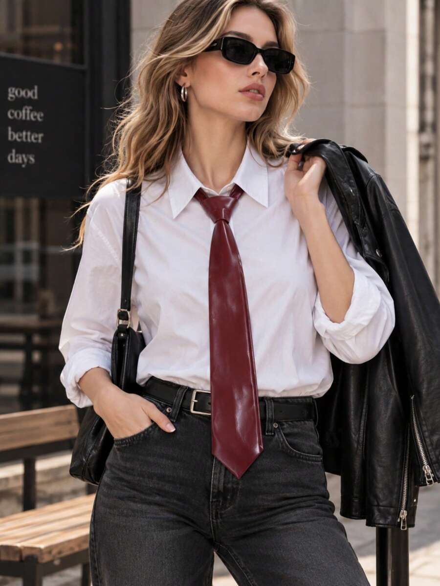 PU Leather Vintage Punk Style Handmade Tie - Wine Red - View 1