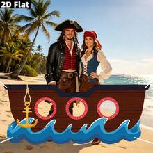2D Flat 1PC Banner Party Banner, A Cartoon Brown Pirate Ship Hollowed-Out Background Cloth, With Golden Anchor And Blue Wave Pattern, A Photo Decoration On Pirate Theme, And A Banner Background That Can Be Used Without Power. - 1 - View 3