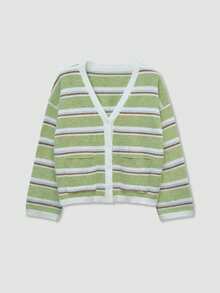 2026 Autumn/Winter New Fashion French Contrast Color Striped Soft V-Neck Loose Knit Cardigan Top, Suitable For Autumn Outfits, Outings, Dates, Holidays, Back To School, Graduation, Commuting, Street Style, Halloween - Olive Green - View 8