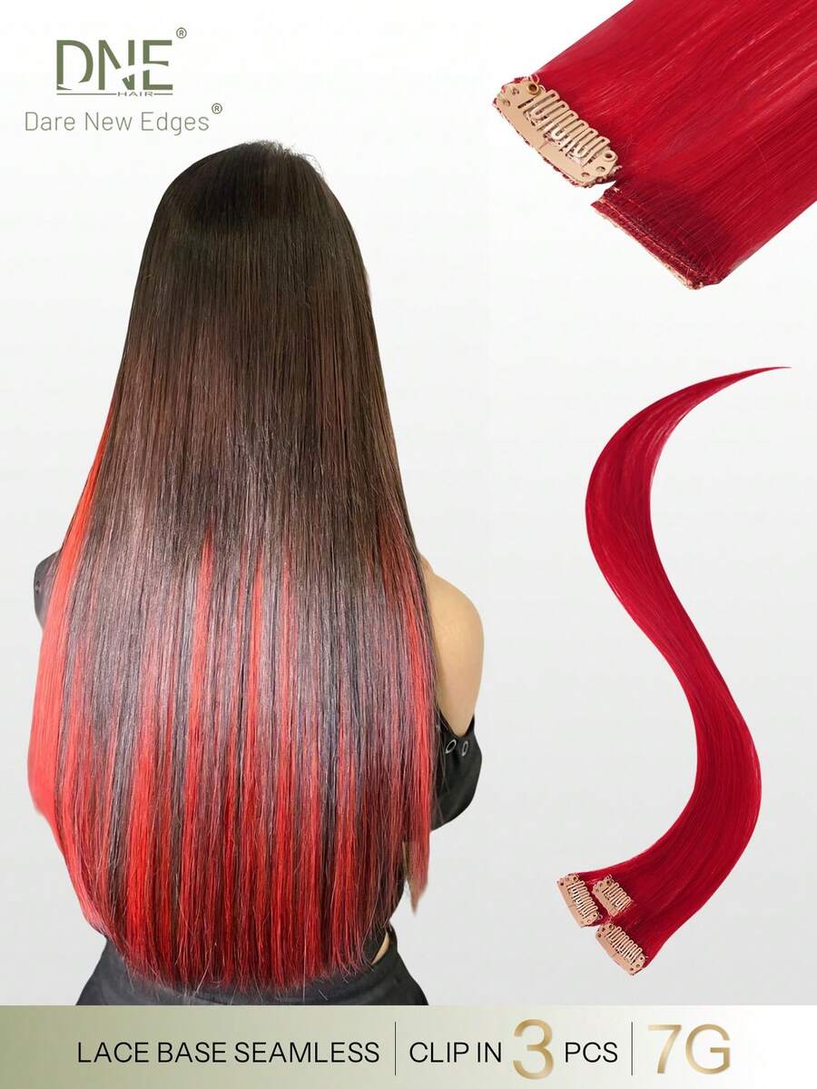 DNE HAIR 18 Inch 3pcs 100% Human Hair Clip-In Hair Extensions Orange Invisible Straight High Gloss Rainbow Color Hair Pieces For Women/Girls - SRed - View 1