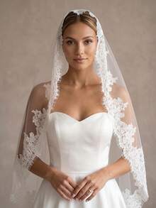 1 Pc Mantilla Wedding Veil Fingertip Cathedral Length Soft French Lace Bridal Veil With Invisible Metal Comb For Brides - Multicolor - View 2