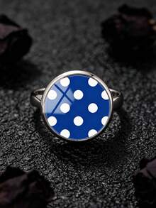 YUJUGLOW 1PC Adjustable Minimalist Cartoon Round Polka Dot Pattern With 316 Stainless Steel Round Open Ring, Suitable For Women's Daily Wear - Blue - View 2