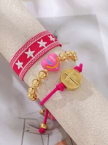 Fashionable And Simple Heart-Shaped Smiling Face Cross Circular Pendant Bracelet With Copper Beads And Fringes. Adjustable Wristband For Women. - Multicolor - View 2