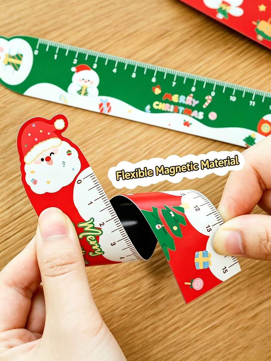2/1pc Christmas Themed Magnetic Ruler, 15cm Multi-Purpose Bookmark Ruler, Printed With Santa Claus, Snowman, Reindeer, Gingerbread Man Patterns, Portable Measuring Ruler, Suitable For Back To School Season, Christmas Party Favors And Small Gifts - A - View 1