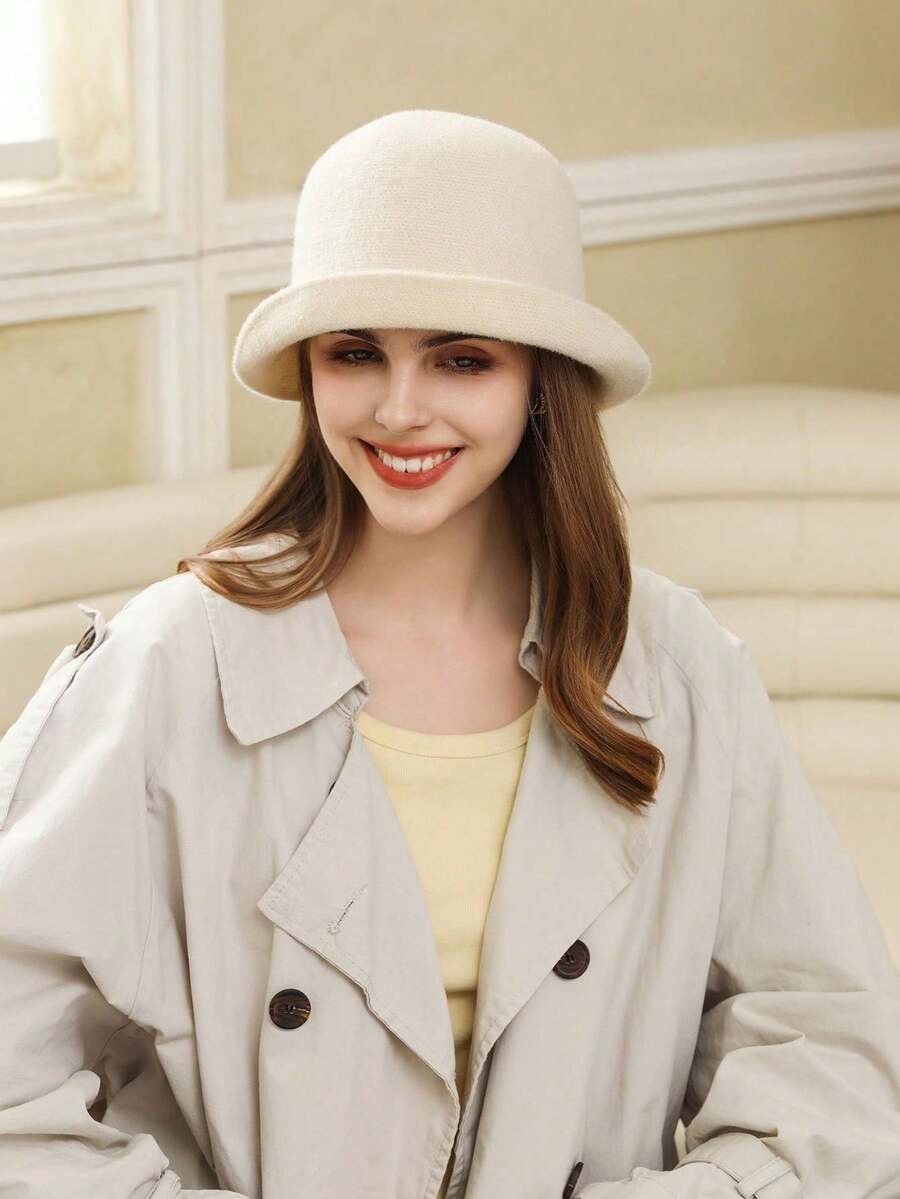 1pc Vintage Acrylic Solid Color Knitted Hat, All-Season Rolled Brim Bucket Hat, Korean Style - Rolled Brim Hat - View 1