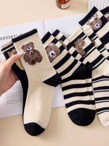 3/5 Pairs Women Sport Cute Bear & Striped Pattern Feather Mesh Mid-Calf Socks, Non-Slip Crew Socks, Suitable For All Seasonsr, For Home, Commute, Date, School, Holiday Gifts,Random Colors - Multicolor - View 7