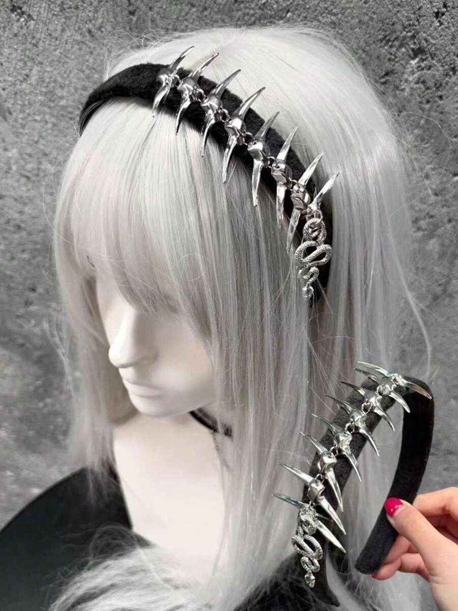 1pc Punk Black Metal Snake Bone Headband, Gothic/Y2K Style, Lolita Fashion Versatile Hair Accessory - Silver - View 1