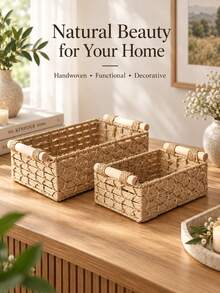 1pc Home Storage Basket, Natural Woven With Handle, Bohemian Country Handmade Design, Large Open Mouth Storage Basket, Suitable For Blankets, Clothes, Toys, Plants Storage, Aesthetic Farmhouse Style Living Room, Bedroom, Dorm Decor Basket - Multicolor - View 8