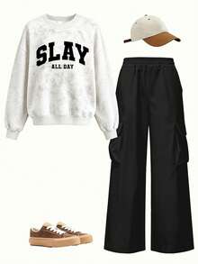 American Vintage Girls 2-Piece Sports Set, Tie-Dye Slay Letter Print Sweatshirt With Cargo Wide Leg Pants, Spring/Autumn Outfit - White - View 2