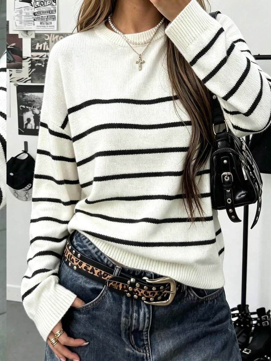 Women's Striped Knit Pullover Sweater, Long Sleeve Regular Fit Autumn Warm Top - White - View 1