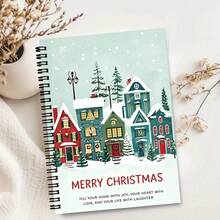 "Snowy Town" Christmas Theme Spiral Bound Notebook - Winter Snow Scene, Colorful Houses And Pine Tree Pattern, A5 Size Coil Notebook, Festive Christmas Stationery Gift - Lined Book - View 3