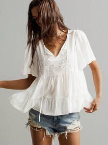 Rusttydustty Bohemian Style White Lace Embroidered V-Neck Loose Ruffle Sleeve Women's Vacation Blouse, Suitable For Autumn/Winter - White - View 6