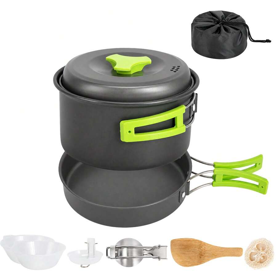 Portable Camping Cookware Set Lightweight Non‑Stick Outdoor Cooking Pot Pan Kit With Storage Bag For Hiking Backpacking Picnic - Grey - View 1