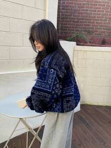 YCYC Vintage Elegant Floral Pattern Fuzzy Jacket Women Winter Stand Collar Padded Coat - Blue - View 4