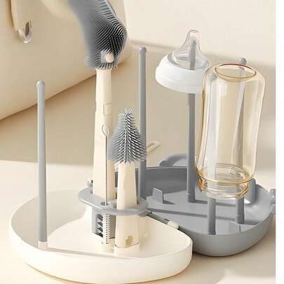 Household Cleaning Cup Brush Set/Portable Drain Rack/Kitchen Essentials/Newborn Essentials/Baby Bottle Brush Set, Compact Size/Dust-Proof & Drop-Resistant/Includes: Bottle Brush/Straw Brush/Drain Rack/Nipple Brush/Dispenser Bottle