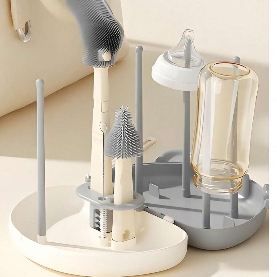 Household Cleaning Cup Brush Set/Portable Drain Rack/Kitchen Essentials/Newborn Essentials/Baby Bottle Brush Set, Compact Size/Dust-Proof & Drop-Resistant/Includes: Bottle Brush/Straw Brush/Drain Rack/Nipple Brush/Dispenser Bottle - Multicolor - View 1