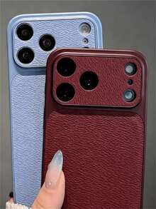Luxury Retro Lychee Pattern Matte Phone Case Compatible WIth IPhone 18 Pro Max 18 Pro 17 Pro Max 17 Pro 16 Pro Max 15 Pro Max 14 Pro Max 13 Pro Max 17 16 15 14 Pro Stylish Large Window Camera Lens Protect PU Leather Shockproof Bumper Soft Back Cover Simple Shell - Cherry Red - View 4