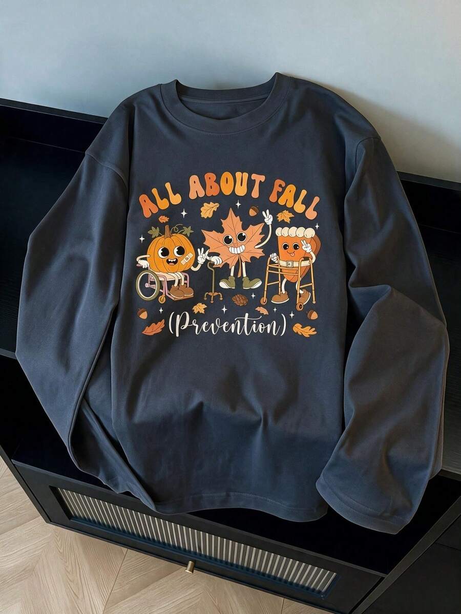 Camiseta de manga larga con cuello redondo y estampado para hombre, estampado exquisito, informal y versátil, ideal para looks cotidianos de otoño e invierno. - Gris Oscuro - Ver 1