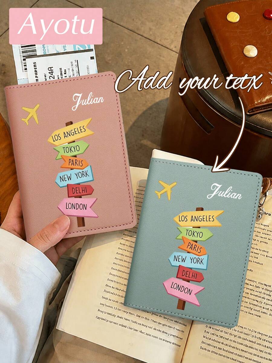 Ayotu Personalized Passport Holder - Customizable Name And 6 City Landmark Patterns, RFID Anti-Theft Leather Case, Designed For Easy Access, Suitable For Storing Passports, Visas And ID Cards, Foldable Portable Multi-Function Storage Bag, Travel Accessory, Essential Gift For Traveling With Friends And Family - Multicolor - View 1