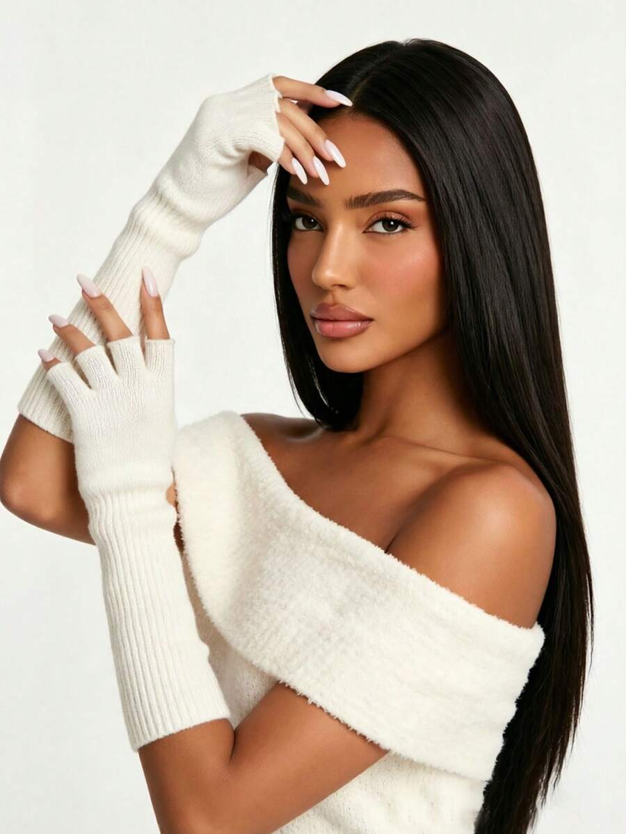 1 Pair Women's Open Finger Knitted Warm Solid Color Casual Performance Gloves Student Writing Long Arm Sleeves - A - View 1