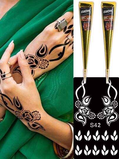 3PCS (2 Black Henna Paste + 1 Floral Template) Combo Pack Henna Nail Art Body Tattoo Cream With Storage Box Semi-Permanent Plant Tattoo Ink For Hands And Body