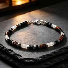 Men Tiger Eye Black Onyx Clear Quartz Disc Bead Bracelet, Silver Spacer Adjustable Lucky Fortune Healing Stone Wrist Jewelry Gift For Him - Multicolor - View 3