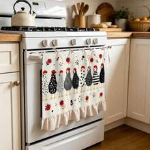 1PC Kitchen Curtain, Kitchen Decor, Multi-Functional Oven Protective Curtain, Cute Black & White Chicken Pattern With Red Flowers, Polyester Fabric With Ruffle Hem And Tie-Up Top - Multicolor - View 7