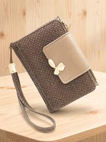Women's Vintage Straw-Woven Texture PU Short Multi-Function Wallet, Large Capacity Card Holder With Exquisite Metal Flower Logo, Casual Wristlet Bag Suitable For Various Occasions - Multicolor - View 5