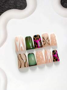 10件/組個性化手工穿戴甲，Polygel美甲套組，豹紋綠色與棕色指甲油，時尚風格，含美甲工具，3種尺寸可選，杏仁/鴨嘴/棺材形，適合派對、跳舞、日常配戴（手工細節可能有所不同） - 彩色 - 查看 18