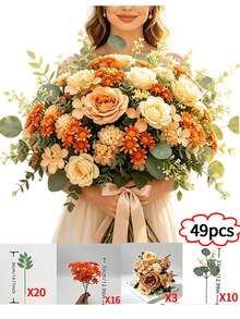 34pcs Artificial Autumn Warm Orange Flower Bouquet | Rose + Daisy + Apple Leaf Mixed Arrangement-No Maintenance, Indoor/Outdoor Shrub Decoration, Wedding, Thanksgiving, Harvest Festival, Housewarming Party, Anniversary And Other Autumn/Winter Holiday Centerpiece - Multicolor - View 15